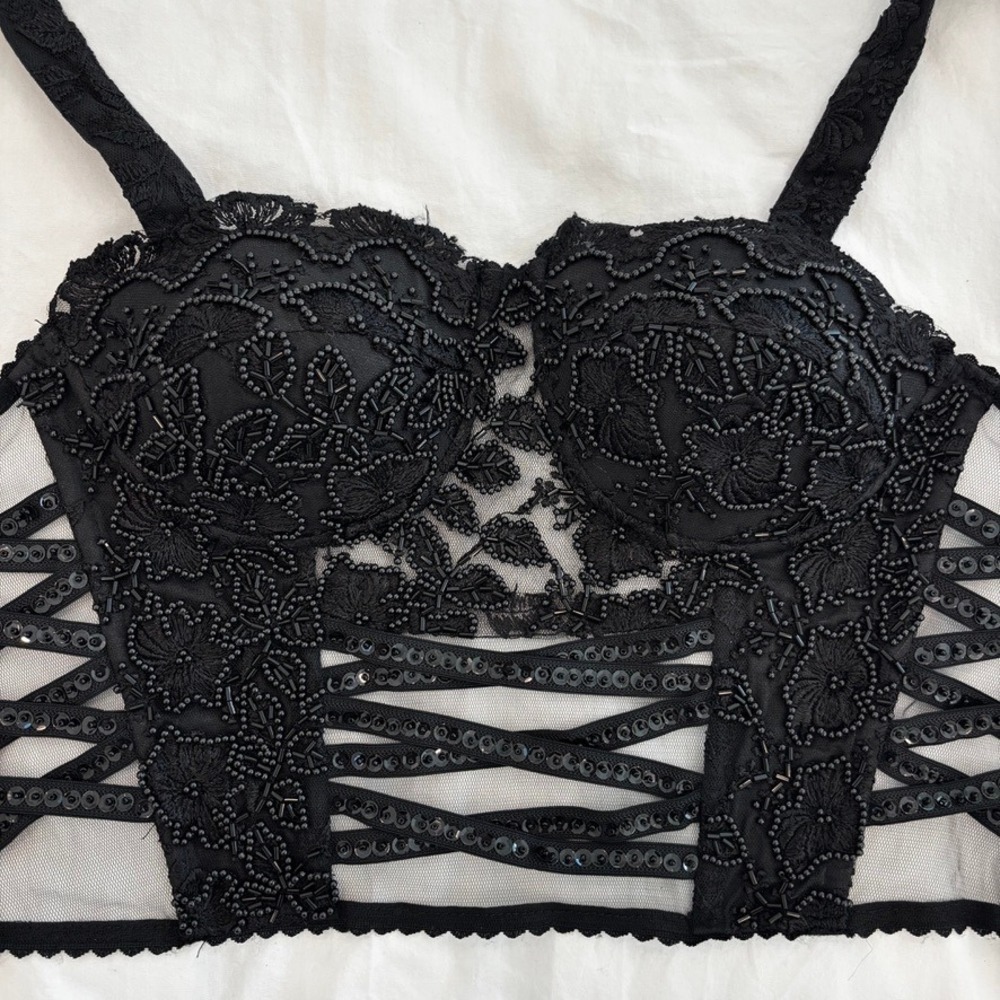 Vintage 80s 90s Fashion Fantasy Black Beaded Lace Corset Bustier Top L